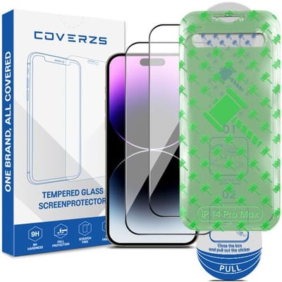 Coverzs Tempered Glass Screenprotector met frame (2-pack) geschikt voor iPhone 14 Pro Max – Gehard Glas – Beschermfolie met Montageframe – Krasbestendige Schermbescherming