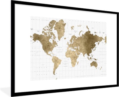 Poster in lijst - Fotolijst 120x80 cm - Posters - Wereldkaart - Goud - Glitter - Posterlijst zwart - Decoratie - Wanddecoratie woonkamer - Muurdecoratie slaapkamer