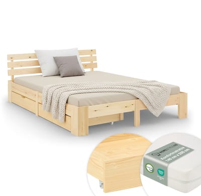 Homestyle4u Tweepersoonsbed - 140x200 cm - met Matras en 2 Bedbakken - Natuur