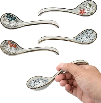 Set van 4 Porseleinen Lepels voor Soep, Dumplings en Desserts met Haakhandvat voor Keuken en Eetkamer