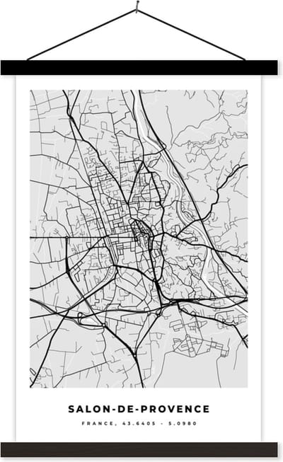 Posterhanger incl. Poster 40x60 cm - Schoolplaat - Plattegrond - Kaart - Stadskaart - Frankrijk - Salon-de-Provence - Textielposter - Zwarte latten - Stadskaart
