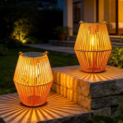 Solar Lantaarns Buiten - Zonnelampen Tuin - Set van 2 - Rotan Look - Boho Stijl - Warm Wit LED Licht - Waterdicht IP44 - Hangend & Staand - Decoratieve Tuinverlichting - Sfeerverlichting voor Terras & Balkon - Cadeau voor Vrouwen