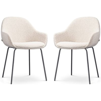 Nolon Nora-Mae Eetkamerstoelen Set van 2 Bouclé Beige - met Armleuning - Stof - Zwart Onderstel - Design - Scandinavisch - Comfortabel