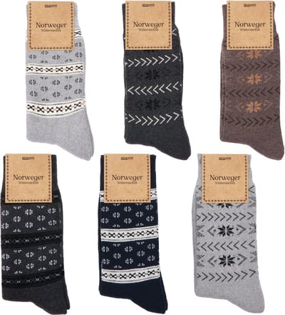 BRUBAKER 6 Paar Noorse Wintersokken - Unisex Thermosokken voor Mannen en Vrouwen - Noorse Sokken Extra Warm en Zacht - Sokken met Binnenste Badstof - Maat 35.38 - Kleurenmix Grijs, Blauw, Bruin en Antraciet - Kerst cadeau