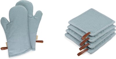 CH&F silicon dots Dove set van 6 stuks | 2 ovenwanten en 4 pannenlappen blauw | 100% katoen met siliconen dots
