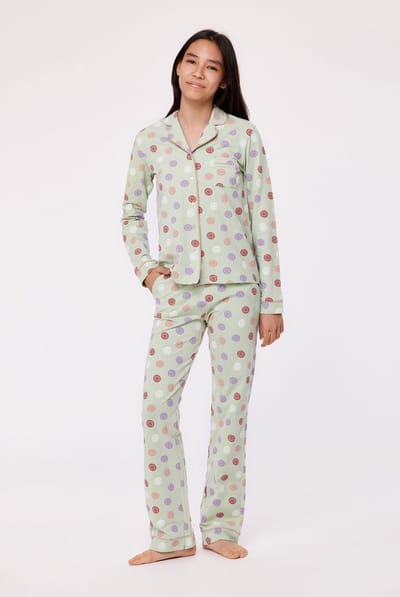 Woody Studio doorknoop pyjama meisjes/dames - muntgroen - smiley all-over print - 232-12-YPD-Z/955 - maat 128