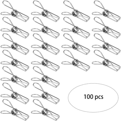100-stuks Wasknijpers van roestvrij staal - Metalen wasknijpers - Wasknijpers in bulk - Droogklemmen - Roest- en vlekbestendig - Sterke windgrip - Brede opening - Geschikt voor waslijnen, voedselzakken, foto's, keukens, kantoren, enz. - Zilver