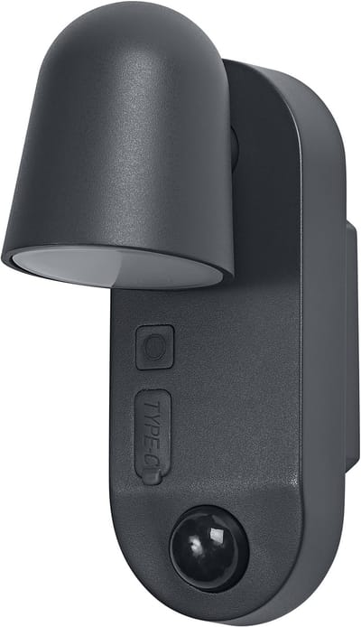 OSRAM buitenwandlamp, donkergrijs, oplaadbare batterij met USB-C, IP54, 3 W, 155 lm, 3000 K, 100° stralingshoek, PIR-bewegingssensor, daglichtsensor, levensduur 50.000 uur