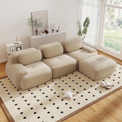 Moderne Hoekbank, L-Bank, 3-Zitsbank, Moderne 298 cm Brede, Converteerbare Hoekbank met Voetenbank, L-vormige Modulaire Corduroy Bank, Samendrukbare Bank voor 3-6 Personen voor de Woonkamer, Extra Diepe Zitting, Geen Montage Nodig-Beige