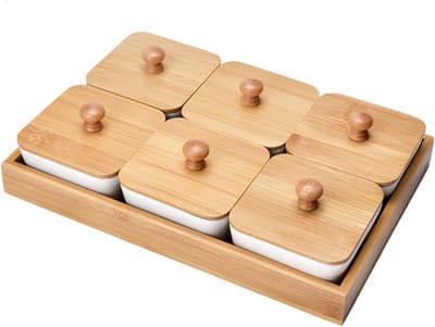 Dailygoods- Serveerset met dienblad - Set van 6 dipschaaltjes - Keramische porseleinen schaaltjes - Antislip - Vaatwasmachinebestendig - 150 ml inhoud