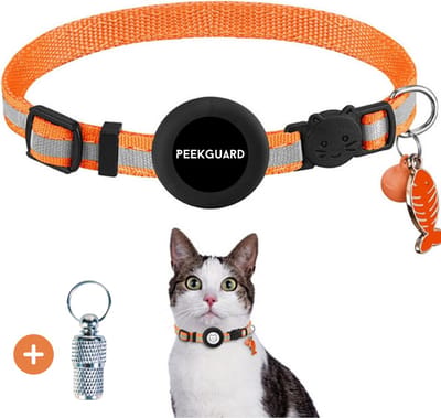 PEEKGUARD® Halsband voor katten - Kattenhalsband geschikt voor Apple AirTag - Kattenbandje Reflecterend en Comfortabel - Veiligheidssluiting en Waterbestendig - Halsband Kat Incl. Adreskoker - Oranje