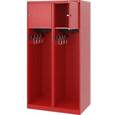 Brandweerkluis C+P Evolo Youngster, 2 vakken, zonder helmhouder, vloerglijders, B 800 x D 500 x H 1530 mm, RAL 3000 vuurrood