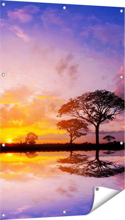 Gards Tuinposter Silhouet van Bomen tijdens Zonsondergang - 80x120 cm - Tuindoek - Tuindecoratie - Wanddecoratie buiten - Tuinschilderij
