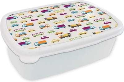 Broodtrommel Wit - Lunchbox - Brooddoos - Auto - Patronen - Voertuigen - 18x12x6 cm - Volwassenen