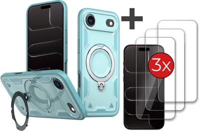 Hoesje Geschikt voor iPhone 17 Air met 3 Stuks gehard glas Screenprotector - Armor hoes met Ringhouder - Arara backcover - Lake Blauw