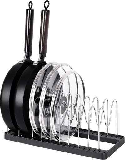 Famanu – Pannendekselhouder met 11 verstelbare vakken, antislip lade-organizer voor pannen en deksels, 32,5 x 18,2 x 16 cm