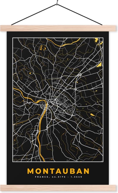 Posterhanger incl. Poster 40x60 cm - Schoolplaat - Frankrijk – Plattegrond – Kaart – Montauban – Stadskaart - Textielposter - Blanke latten - Stadskaart
