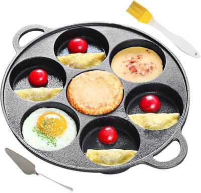 Gietijzeren Pannenkoekenpan - Bakplaat 7 Gat - Ontbijt Bakken - Inclusief Spatel Borstel - 29.5 cm Breed - Zwart