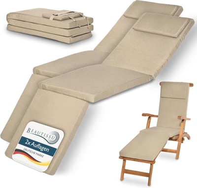 Beautissu 2x Set LoftLux DC tuinkussen voor deckchair 175 x 45 x 5 cm – ligbedkussen natuur - tuinkussens hoge rug - kussen ligstoel