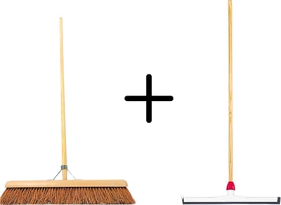 Synx Tools Coco Binnenbezem 60cm + Vloertrekker Kunststof 45cm met Steel 120cm - Zaalveger – Vloerreiniger – Natuurrubber – Zachte bezem kokos met steel 150cm