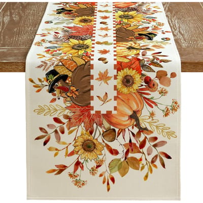 Chemin de table en lin floral dinde d'automne citrouille pour table d'automne cuisine mariage fête décorations de Thanksgiving 150x33cm