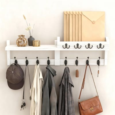 Soontrans Houten wandkapstok – kapstok met 8 kapstokhaken en 4 sleutelhaken, Wandgarderobes Met Plank, Set van 2 Wandrekken In één Pakket, Wandkapstok Minimalistisch Design Voor Slaapkamers en Gangen (Wit)