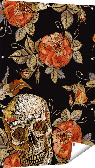 Gards Tuinposter Doodshoofden met Bloemen - Schedels - 80x120 cm - Tuindoek - Tuindecoratie - Wanddecoratie buiten - Tuinschilderij