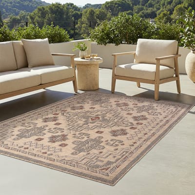 TAPISO Yucana Buitentapijt - Flatweave Vloerkleed Buiten & Binnen - Oosters Ornamentaal Design Buitenkleed - Weerbestendig & UV-bestendig - Bruin Beige 80x150