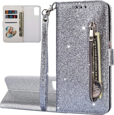 Portemonnee Hoesje - Wallet Case - Rits Sparkly Glitter - Telefoonhoes met Kord Geschikt voor: Samsung Galaxy S20 Plus - Zilver