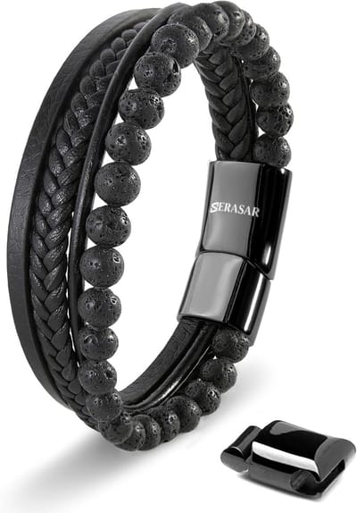 SERASAR Premium Echt Lederen Armband voor Heren [Stone] in Zwart | Natuursteen Kralen | 17cm | Roestvrijstalen Magnetische Sluiting | Inclusief Sieradendoos