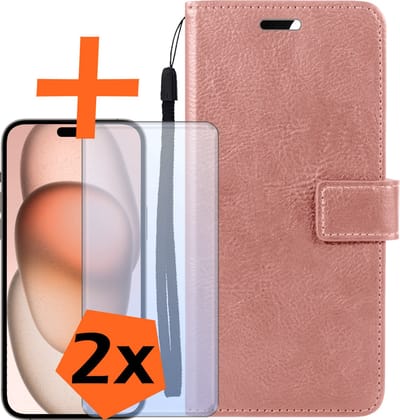 Hoes - Met 2x Screenprotector - Geschikt voor Apple iPhone 15 - Luxe Pasjeshouder - Bookcase Portemonee - Flip Case - Kunstleer Book Case - Flipcase Hoes - Book Cover - Walletcase - PortemonneeHoes - Rosé goud