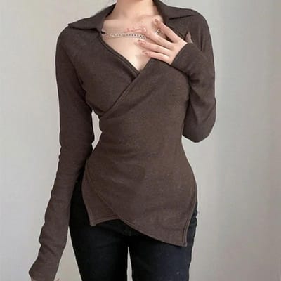 Kruisende Onregelmatige Bruine Lange Mouwen T-shirt Dames Kraagketting Vintage Shirt M