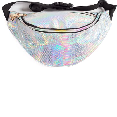KIMU® Grote Holografische Zilver Heuptas Breed Slang - Fanny Pack Met Twee Vakken - Zwarte Band - Tasje Heuptasje Lederlook Reptiel Festival