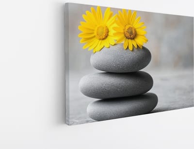 Saammp Canvas Schilderij - Gele bloemen op stenen - Natuur - Landschap - 45x30 - Foto op canvas - Wanddecoratie - Muurdecoratie Woonkamer - Slaapkamer decoratie - Canvas Print