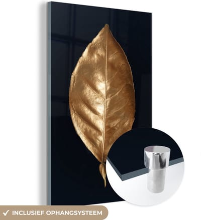 MuchoWow® Glasschilderij 120x180 cm - Schilderij acrylglas - Bladeren - Chic - Goud - Planten - Zwart - Foto op glas - Schilderijen