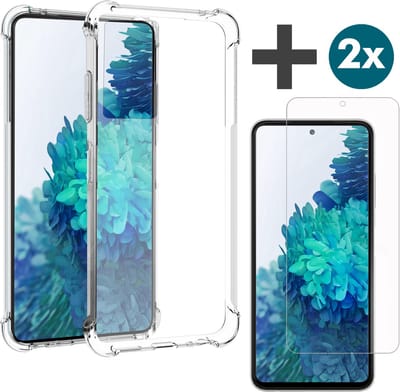 Samsung Galaxy S20 FE hoesje transparant siliconen backcover met verstevigde hoeken Inclusief 2 Stuks Screenprotector tempered glass