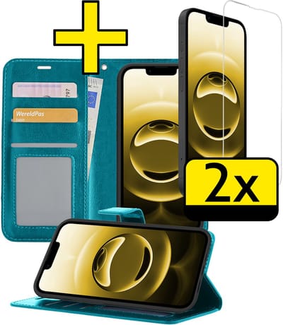 Hoesje - Met 2x Screenprotector - Geschikt voor Apple iPhone 16e - Luxe Pasjeshouder - Bookcase Portemonee - Flip Case - Kunstleer Book Case - Flipcase Hoes - Book Cover - Walletcase - Portemonneehoes - Telefoonhoesjes - Turquoise