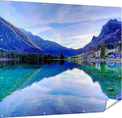 Gards Tuinposter Meer met Weerkaatsing in de Bergen - 150x120 cm - Tuindoek - Tuindecoratie - Wanddecoratie buiten - Tuinschilderij