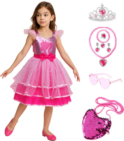 Joya Kids® Luxe Verkleedpop Prinsessenjurk voor kinderen | Verkleedjurk Meisje hard Roze Tule Rok | Halloween kostuum | Metallic Roze met Strik | Carnaval kleding | Verkleed kostuum Jurk | Maat 110