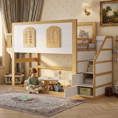 PHOEBE CAT Hoogslaper 90 x 200 cm - Kinderbed - Met opbergruimte - Grenenhout + MDF - Wit + Naturel