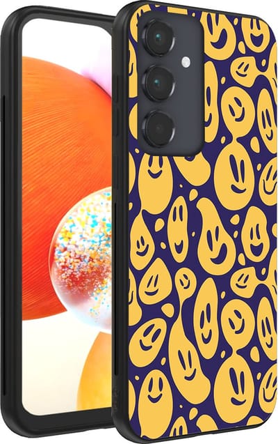 Smartphonica Telefoonhoesje voor Samsung Galaxy A14 met smiley opdruk - TPU backcover case emoji design - Paars Geel geschikt voor Samsung Galaxy A14