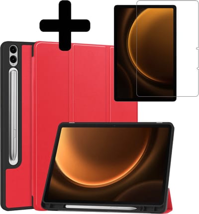Hoes - Geschikt voor Samsung Galaxy Tab S9 FE Plus - Met Screenprotector - Trifold Bookcase - Hard Cover Case - Met Uitsparing Geschikt voor S Pen - Hardcover Book - Tablet Hoesje - Rood
