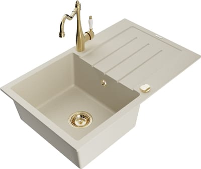 Mexen Bruno granieten gootsteen 1-kompartement met afdruiprek en keukenmengkraan Carla, beige - 6513-69-670700-50