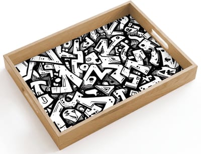 Dienblad hout 40x30 cm - Schootdienblad - Vormen - Letters - Graffiti - Zwart - Borrelplank rechthoek - Plateau dienbladen