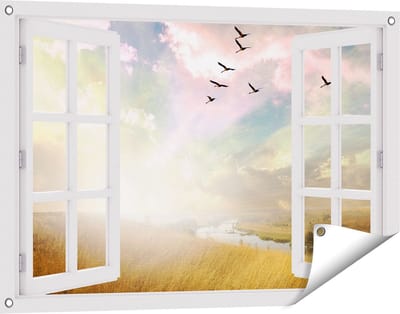 Gards Tuinposter Doorkijk Groep Vogels Vliegen Boven het Gras - 90x60 cm - Tuindoek - Tuindecoratie - Wanddecoratie buiten - Tuinschilderij