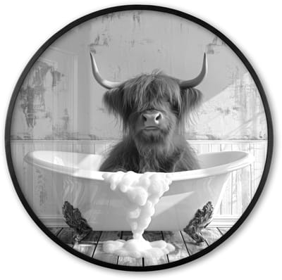 Poster in lijst Rond - Fotolijst 60x60 cm - Posters - Schotse Hooglander - Dier - Badkuip - Zwart - Wit - Ronde posterlijst zwart - Decoratie - Wanddecoratie woonkamer - Muurdecoratie slaapkamer