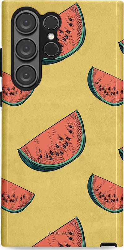 Casetastic Hoesje Geschikt voor Samsung S23 Ultra - Stijlvolle Beschermende Duo-layer Case - Retro Meloengeel