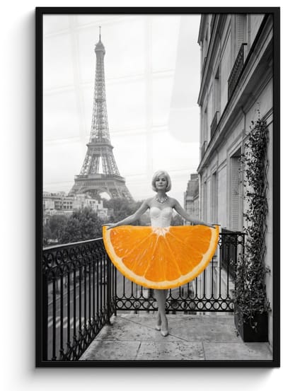 Poster in lijst - Fotolijst 80x120 cm - Posters - Sinaasappel - Eiffeltoren - Vrouw - Posterlijst zwart - Decoratie - Wanddecoratie woonkamer - Muurdecoratie slaapkamer