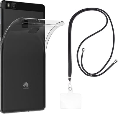 Set met hoesje en nekband voor huawei p9 lite - Flexibele, transparante TPU-bescherming, verstelbare universele nekband voor mobiele telefoons, zwarte nekband, transparante draagriem van Phonillico®