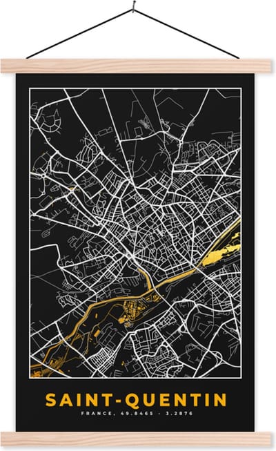 Posterhanger incl. Poster 40x60 cm - Schoolplaat - Frankrijk – Plattegrond – Kaart – Saint-Quentin – Stadskaart - Textielposter - Blanke latten - Stadskaart
